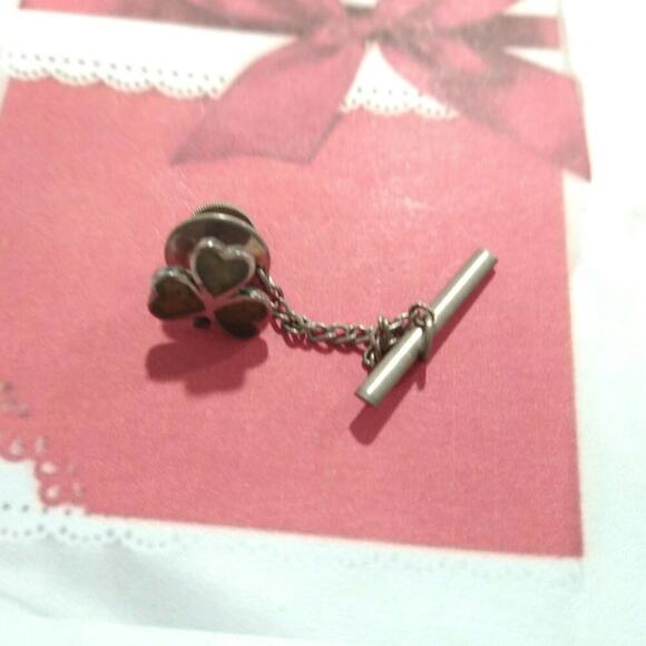 Shamrock Tie Tack 925 Sterling Silver With Green Enamel Vintage Irish Clover - Picture 6 of 11